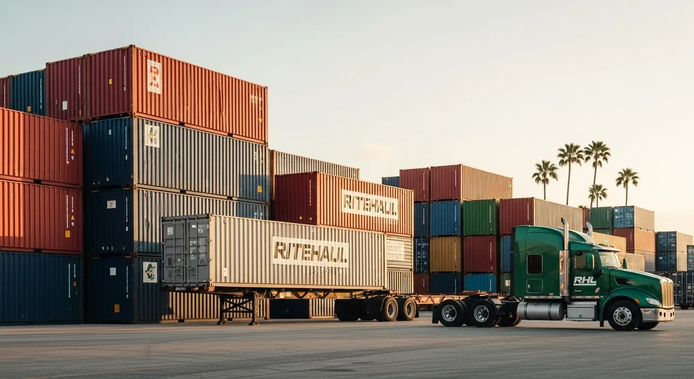 Green Ritehaul Logistics RHL Peterbilt tractor parked at a South Florida container yard at sunset alongside a Ritehaul-branded intermodal container on a chassis, with stacked multicolored shipping containers and palm trees in the background