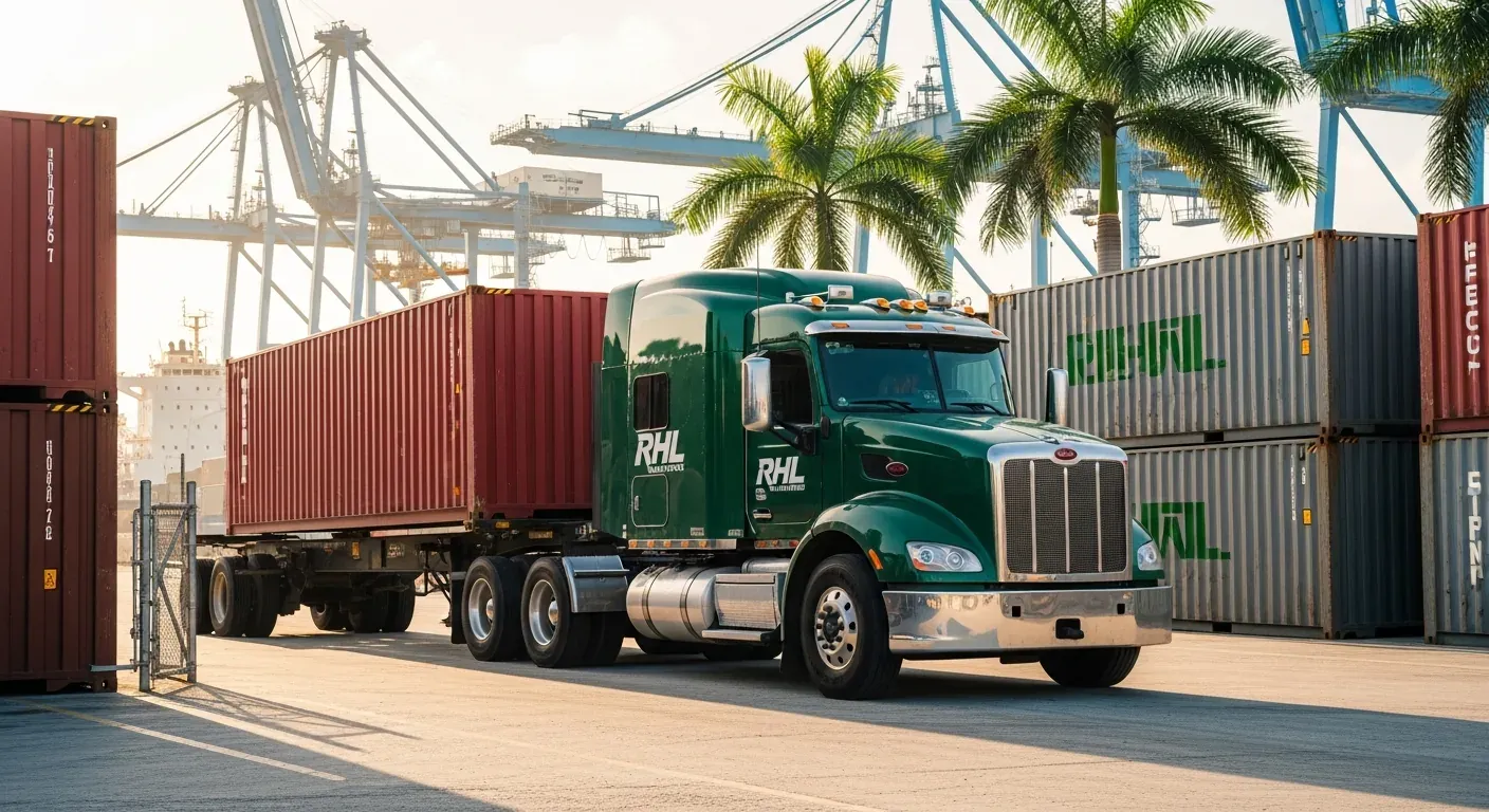 Container drayage tractor leaving a South Florida port terminal at dusk