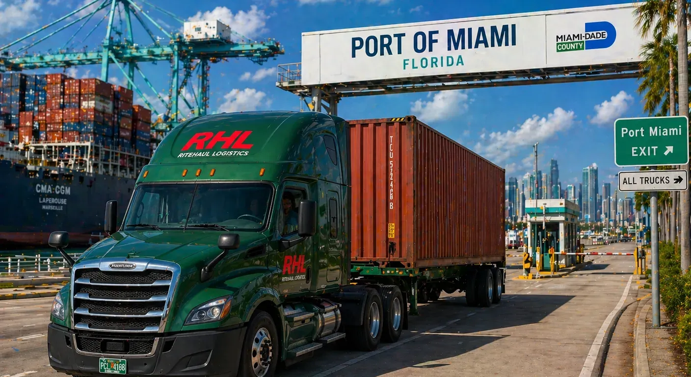 Green Ritehaul Logistics Peterbilt tractor hauling a red intermodal container exiting the Port of Miami gate under the Miami-Dade County signage, with ship-to-shore cranes and the downtown Miami skyline in the background