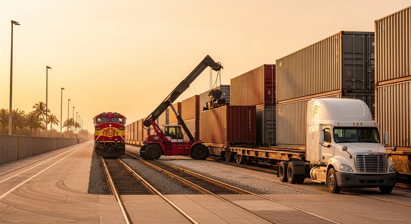Florida East Coast Railway Hialeah Intermodal Facility at golden hour — a red-and-yellow FEC diesel locomotive at the head of a string of intermodal rail well cars stacked with ocean shipping containers, a top-pick container handler lifting a box off a well car, and a clean white day-cab tractor with a 40-foot intermodal chassis staged for the ramp pull