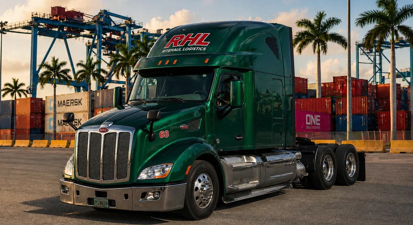 Dark green Ritehaul Logistics RHL Peterbilt tractor parked at a South Florida port yard with stacked Maersk and ONE shipping containers and palm trees in the background