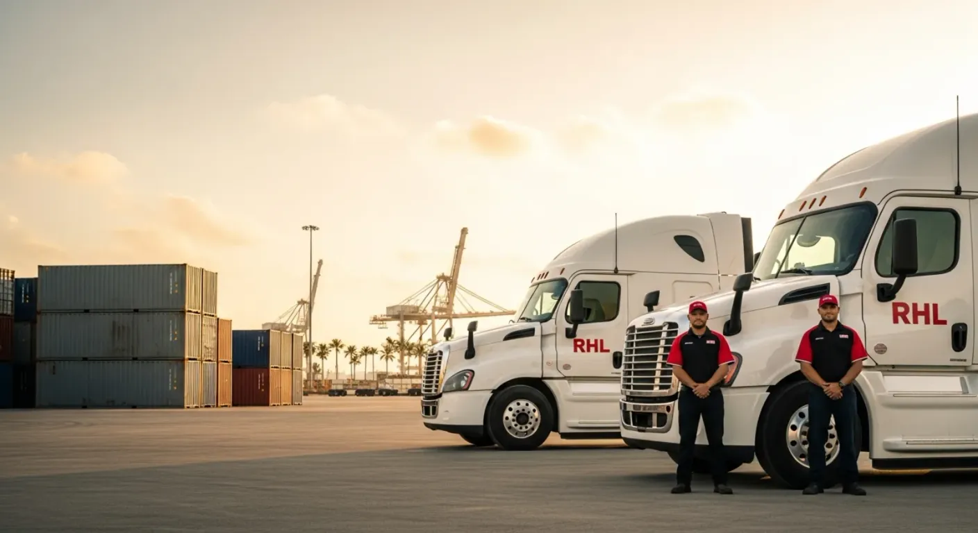 White Ritehaul Logistics RHL tractors and drivers in red caps at the Port of Miami container yard at golden hour