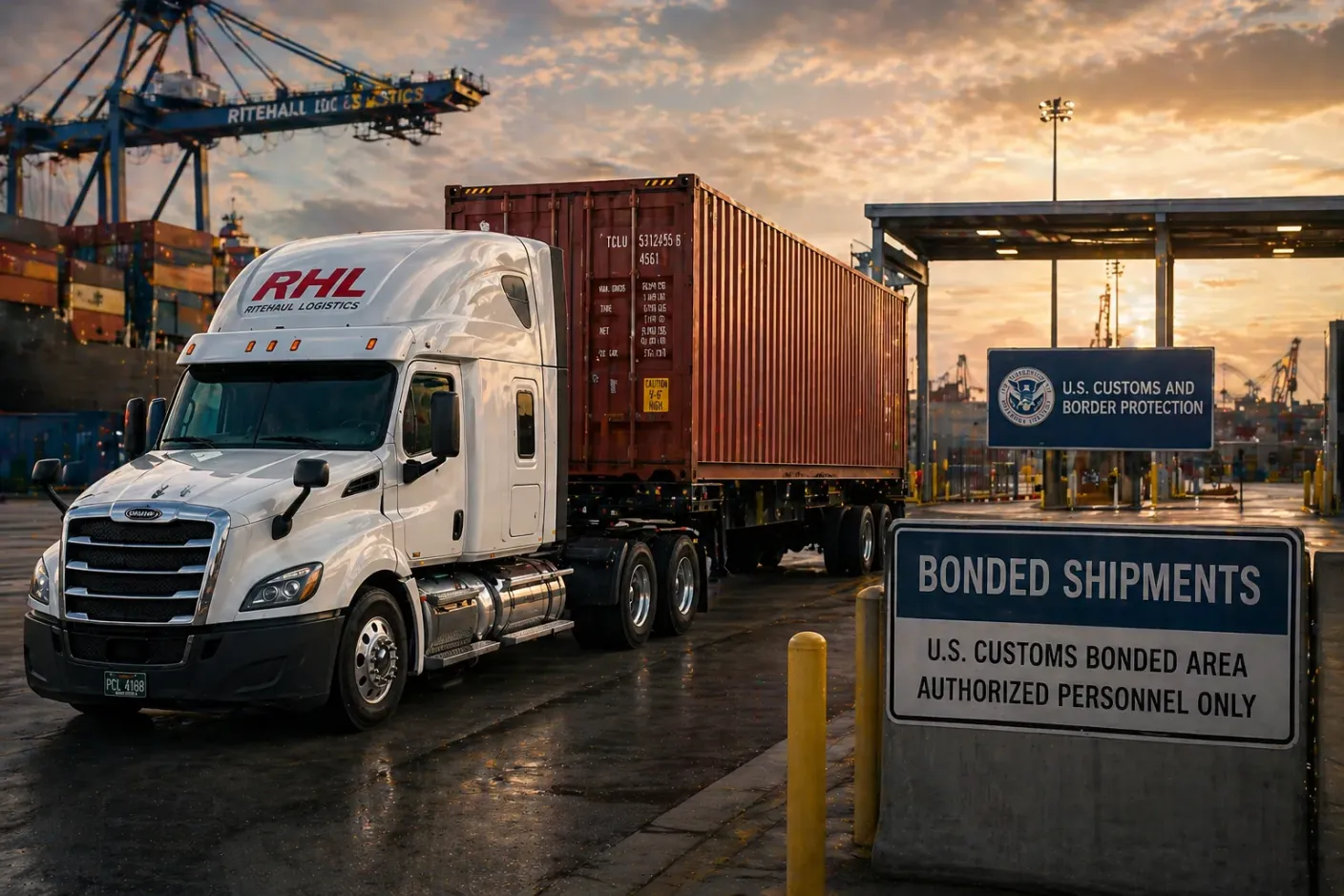White Ritehaul Logistics RHL Freightliner tractor pulling a chassis with a red shipping container at a U.S. Customs bonded area, beneath a large BONDED SHIPMENTS sign