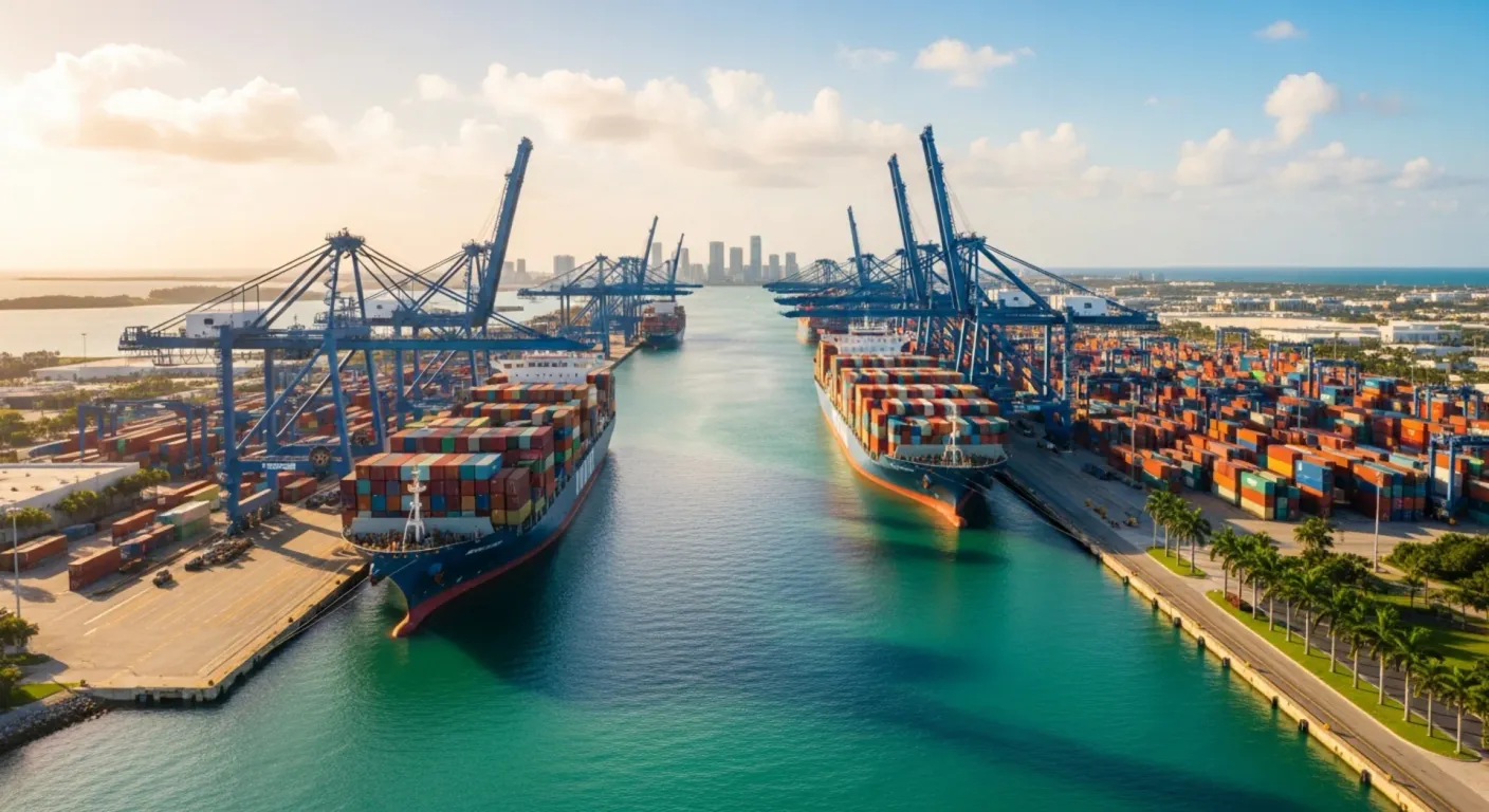 Aerial view of Port Everglades in Fort Lauderdale, Florida — ship-to-shore cranes and container ships docked along the Dania Cut-Off Canal with stacked intermodal containers in the terminal yard