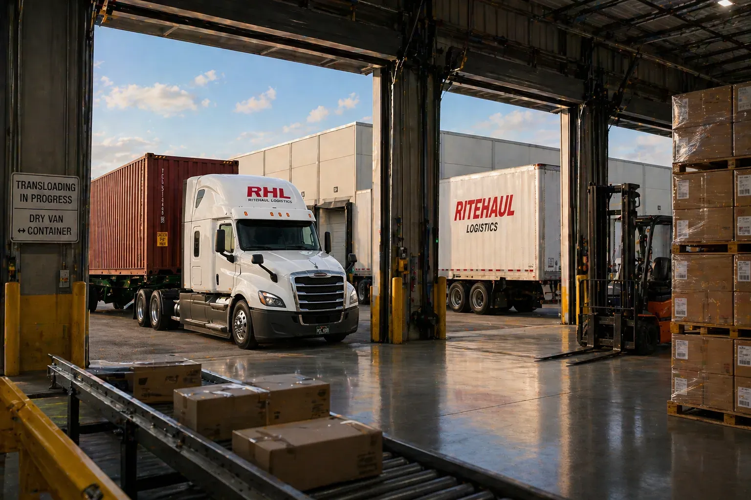 Inside view of a clean, well-lit South Florida distribution warehouse with racked inventory
